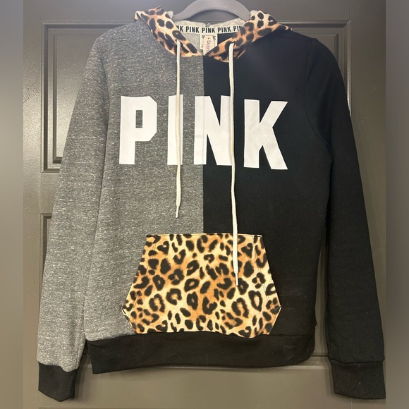 PINK Victoria Secret Tops - PINK Victorias Secret Leopard Hoodie Sweatshirt Womens S Black Animal Print RARE